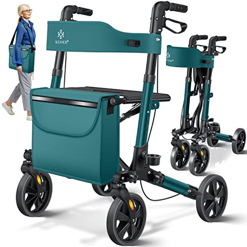 KESSER Leichtgewicht Rollator faltbar mit Sitz, Griff, Tasche, schmal für Senioren Wohnung, Klappbar, Höhenverstellbar, Reflektoren | All Gelände Reifen Indoor-& Outdoor, Gehhilfe, Laufhilfe, Petrol