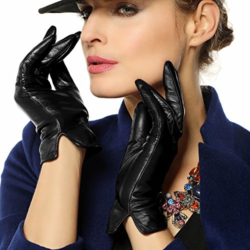 Winter Gloves for Women Genuine Leather Warm Cashmere & Wool Blend Lining Touchscreen Windproof Driving Dress (Medium (7), Black(Touchscreen/Cashmere Blend Lining))