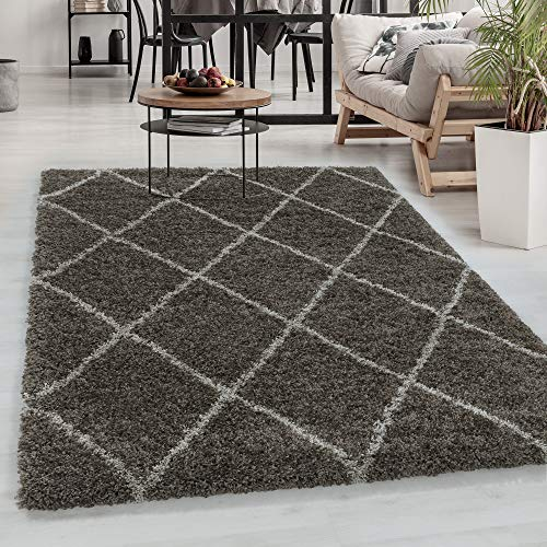 Carpetsale24 Hochflor Teppich Taupe 160x230 cm Rauten Design Flauschig-Weich Langflor Wohnzimmerteppich Skandinavischer Stil Shaggy Teppich