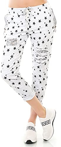 Damen Hose Jogpants Baggy Boyfriend Freizeithose Sterne Pailletten Zipper 34-38 Pastell (Hellblau)