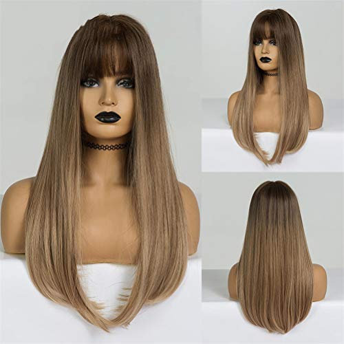 YTOOZ Pelucas Delanteras de Encaje sintético Cabello Largo y Liso y Flequillo Negro Lila Púrpura Marrón Ombre Peluca de Cabello sintético para Damas Peluca de Cosplay Resistente al Calor, B