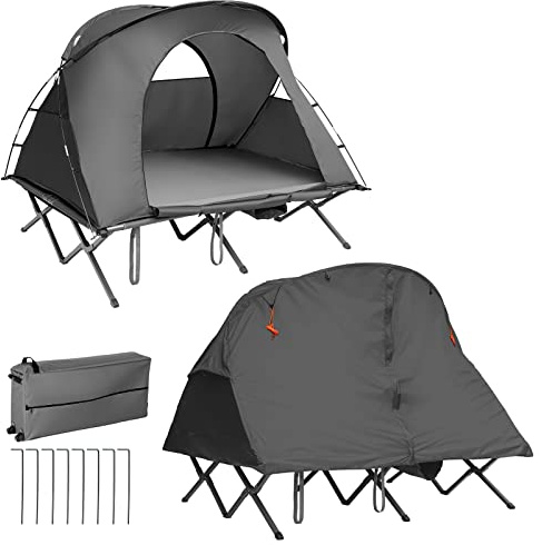COSTWAY Tienda de Campaña para 2 Personas, 4 en 1 con Catre, Cobertura Impermeable Colchón de Inflado Bolsa de Transporte con Ruedas, Tienda Elevada Portátil y Gancho para Lámpara (Gris)