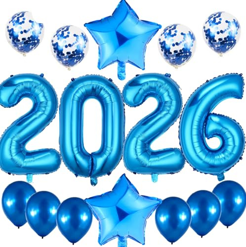 Feelairy Silvester Deko 2026 Dekoration, Luftballons 2026 Neujahr Silvesterdeko Blau, Helium Ballon 2026 Blau Folienballon Zahl 2026 für Jahreswechsel Neujahr Silvester Party Dekoration