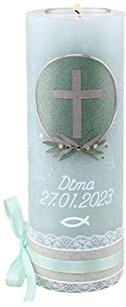 Cerziies® Taufkerze Rustik DIMA Junge oder Mädchen mit Name und Datum, individuell und handverziert 1848