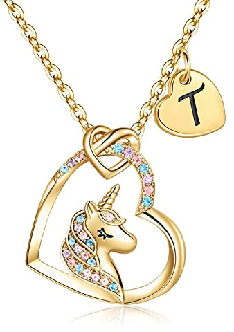 TINGN Einhorn Geschenk für Mädchen, 14 Karat Gold Vergoldet Herz Anhänger Einhorn Kette Halskette Mädchen Gold Einhorn Buchstaben Kette Einhorn Schmuck Geburtstagsgeschenke für Mädchen Tochter Nichte