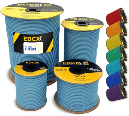 EdcX 4mm Nylon Paracord 550 100m (330 Piedi) - Tipo III, Corda 100% Nylon, Corda 7 Fili, Corda Nylon 4mm in Tinta Unita (Skylight, 100 m)