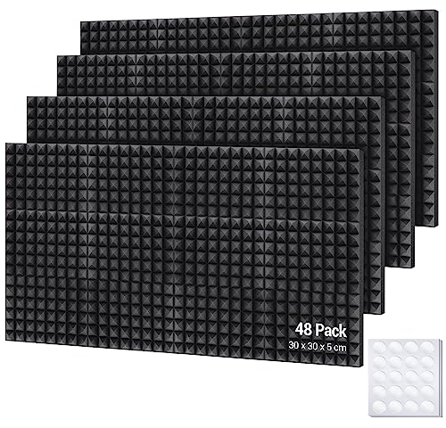Ohuhu Akustikschaumstoff Akustikpaneele 48 Stück mit Aufkleber, 30 x 30 x 5 cm Pyramidenplatten Schallschutz Wand Schallschutzplatten Schalldämmung für Tonstudio Podcasts Youtube-Zimmer, Anthrazit