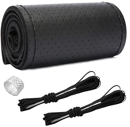 Ziciner Genuine Leather Steering Wheel Cover, Stitch on Wrap, Breathable Anti-Slip Car Steering Wheel Protector for Max Diameter 15 Inch, DIY Sewing with Needles Thread (Black, Hole)