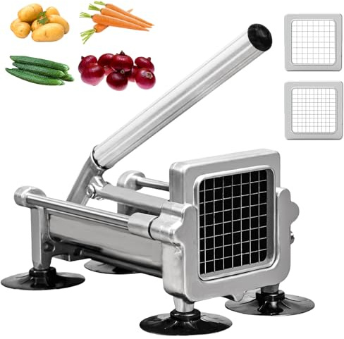 KSIFJRTO Commercial French Fry Cutter, Heavy Duty Potato Slicer with 3/8 and 1/4Inch Blade, Stainless Steel Potato ChopperFrench Fries Cutter with Suction Feet,