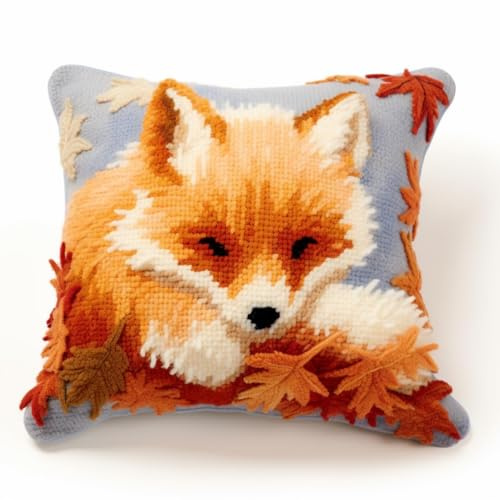 Taxpy Diy Knüpfen Set Erwachsene Kissen Niedlicher Fuchs Kissenbezug，Tier Stickerei-Set，Riegelhaken-Set Für Kinder，Erwachsene Oder Anf?nger 17X17In B