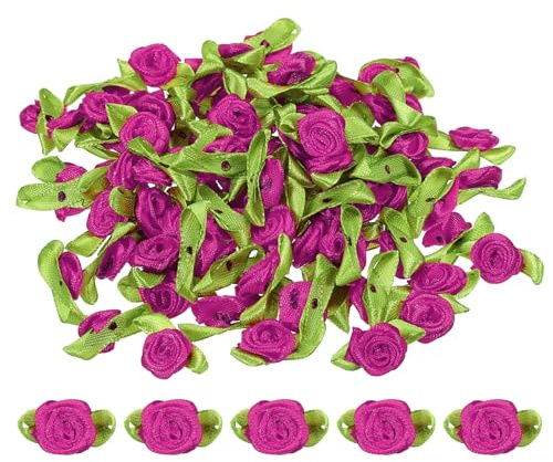 PATIKIL Mini Rose di Nastro, 100pz Piccoli Fiori Stoffa Raso con Foglie Verdi Applicazioni Rosoni per Artigianato Fai da Te Cucito Matrimonio, Rosa Rossa