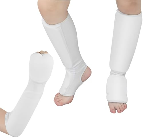Cozypower 2 Pairs Taekwondo Sparring Gear for Kids Shin Guards and Fist Forearm Guards Protector Hand Foot Padded Arm Sleeves for Martial Arts MMA Karate Muay Thai(Medium,White)