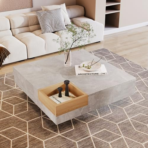 Merax Coffee Table with Removable Storage Box, Unique Color Matching, Living Room Coffee Table, Modern Square Design, 72x72x30cm, Concrete Grey and Wood Color