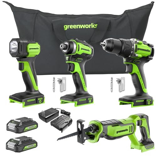 Greenworks Taladro inalámbrico de 24 V, destornillador de impacto, sierra alternante, linterna, kit combinado de 4 piezas con 2 baterías de 2 Ah y cargador