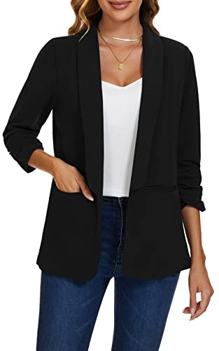 MINTLIMIT Casual Blazer for Women 3/4 Ruched Sleeve Lapel Suit Open Front Tailored Jacket(Black M)