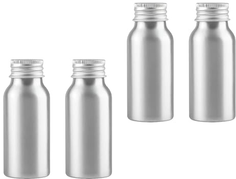PQPAUTY 4 Stück 50 ml Leere Silber Aluminium Flasche mit Aluminium Schraubdeckel Silber, Schraubflaschen aus Aluminium zum befüllen für Kosmetik Essenzen Öle Badezimmer Hotel Reisen