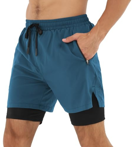 Danfiki Pantalones Cortos Hombre Deporte Pantalon Cortos 2 en 1 Secado Rápido para Running Fitness Gym