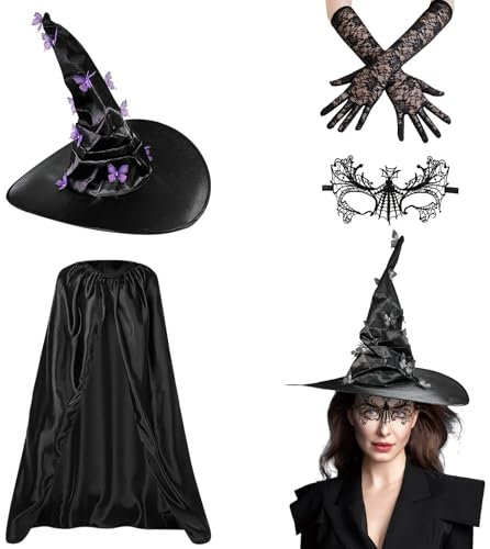Halloween Hexenhut Damen Schwarz, Halloween Hut Schwarz Hexen Hut mit Schmetterling, Retro Spitze Handschuhe und Brillen, Hexenumhang Damen, Kostüm Hexen Accessoires für Halloween Cosplay & Maskerade