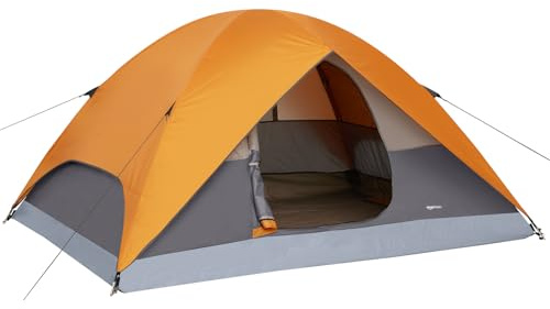 Amazon Basics Kuppelzelt für Camping, mit Regenschutz und Tragetasche, 3-Jahreszeiten-Zelt, einfacher Aufbau, 2 Personen, Orange und Grau
