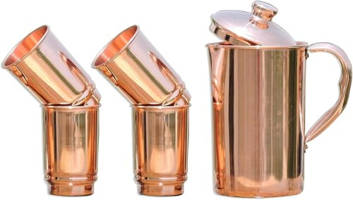 Ensemble pichet et gobelet en cuivre pur (99,74 %) avec 4 gobelets en cuivre pour les bienfaits de l'Ayurveda