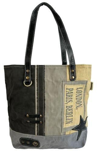 Sunsa Damen Handtasche. Große Shopper in Vintage Retro Stil mit Stern. | Damentasche in Patchwork Design. DIN A4 geeignet Shopper. Canvas Tote Bag mit Leder Handgriffe für Alltag, Reise & Freizeit