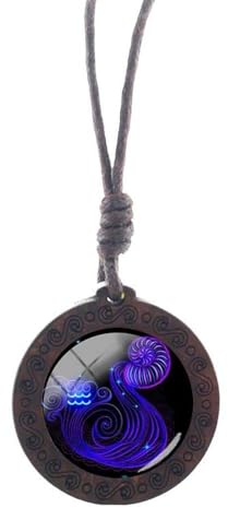 GONMFKM Charm-Halskette Mit 12 Sternzeichen, Modischer Anhänger Aus Glas, Rund, Braunes Holz, Schlüsselbeinkette, Sternbild, Horoskop, Pulloverkette Für Damen Und Herren, Schmuckgeschenke, Wasserman
