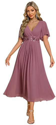 Ever-Pretty Women's Embellished Midi Evening Dress Ladies Short Sleeve line with Short Sleeve for Wedding Guest Dress Orchid 16UK
