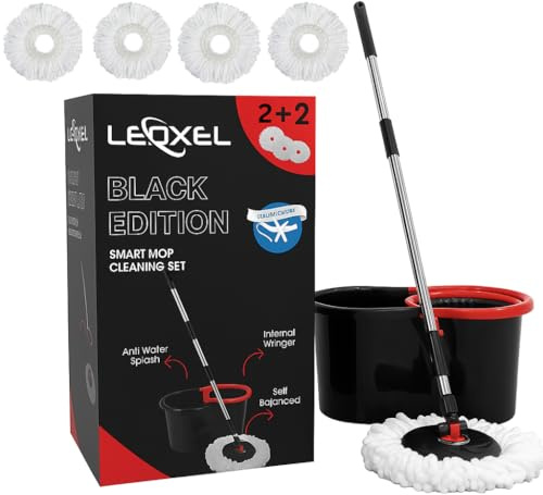 360° Spin Mop and Bucket Set with Wringer, Floor Mop for Cleaning, Microfibre Heads (4 Pack), Floor Mop and Bucket for Hardwood, Tile & Laminate Floors (Black Edition)