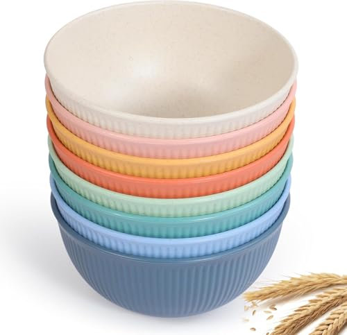 Ulrikco 8-Piece Unbreakable Plastic Bowls Set - Colorful Cereal Bowl Soup Bowls for Adults & Kids Safe for Dishwasher & Microwave, Reusable Serving Bowls for Kitchen, Camping, Parties (655ML)