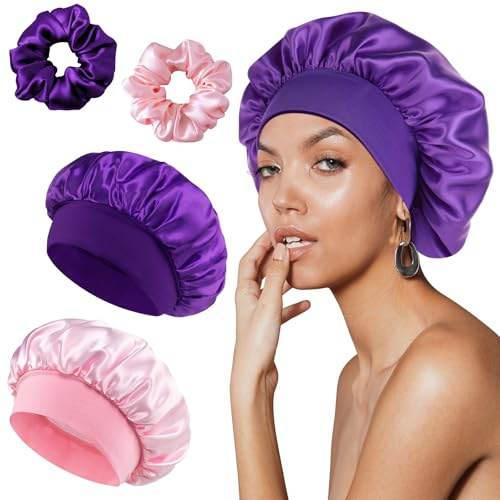 2 Stück Seidenhaube zum Schlafen mit Haargummis, FUKPO Silk Bonnet Sleep Cap Schlafhaube Seide Lockenhaube Satinhaube, Haarhaube Nacht Schlafmütze Satin Haube Haare Schützen Duschhauben(Lila, Rosa)