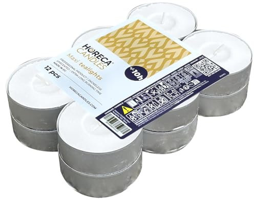 Horeca Candles – Maxi Teelichter weiß – unparfümiert – 12 Stück – große Teelichter 57 x 22 mm – Brenndauer 10 Stunden – Tee Light Wachs auslaufsicher – 1 Set mit 12 Teelichtern
