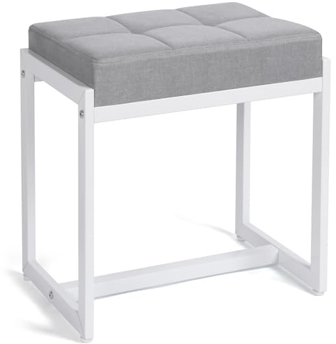 Schminkhocker, Kleine Eitelkeitshocker, Leinen Sitzhocker mit Metallgestell, Quadratischer Ottoman Sitz Fußstütze Hocker für Wohnzimmer, Schlafzimmer, Eingang, Moderner Polsterhocker Stuhl grau&weiß