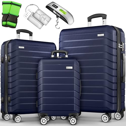 tillvex® Kofferset 3-teilig + Gepäckwaage, 2X Koffergurte & 3X Anhänger | Hartschale Reisekoffer Set 4x 360° Rollen | Trolley Gepäck Koffer mit TSA Schloss | Rollkoffer Hartschalenkofferset S-M-L-XL