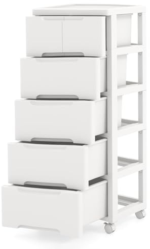 KOMFOTTEU Schmaler Nischenschrank auf Rollen, Rollschrank mit 4/5/6 Schubladen, Rollwagen Nischenregal platzsparend, Ordnungswagen für Küche,Badezimmer (5 Ebenen, 40 x 32 x 96 cm)