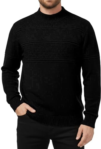 MLANM Men's Mock Neck Ribbed Knit Jumper Long Sleeve Winter Black L