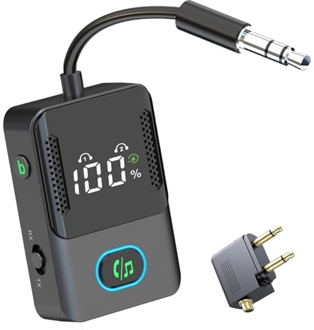 2-in-1 Wireless Aux Bluetooth Adapter with Dual Mics, ORIA Bluetooth 5.3 Transmitter Receiver, HiFi Bass Sound, Dual Connection, 10m Range, Aux Audio Adapter for TV/PC/Airplane/Speaker/Home Stereo