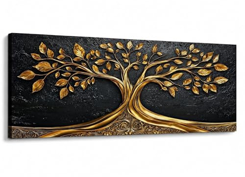 Lupia Quadro Tela Canvas World TREE GOLD BLACK 52x122 cm, Albero della Vita | Stampa artistica pronta da appendere, telaio legno 1,6 cm, per soggiorno camera da letto capezzale ufficio