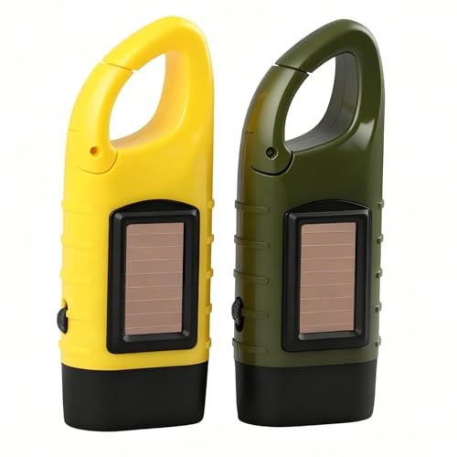 2pcs Wind Up Torch Solar Hand Crank camping Torch LED Rechargeable Portable | Emergency Flashlight with Carabiner Clip Super Bright for Hiking essentials & Power Outages Outdoor Light survival kits