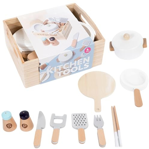 Woalopted Cocina Juguete para Niños - 10 Piezas De Madera Juego de Imitación Realista de Cocina - Set De Utensilios De Infantil,para Niños y Niñas, Cumpleaños, Navidad, Año Nuevo, Pascua, Hogar