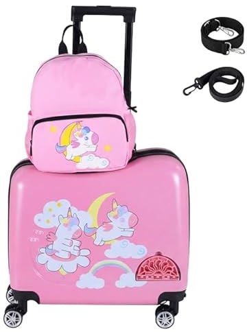 COSTWAY 2-delad barnresväska + ryggsäck, 30 cm + 40 cm barnvagn med hjul och vattentätt hårt skal, barnbagage med bärrem, rep och fotstöd, rullväska för pojkar flickor, Enhörning, 12+18, Rak stång