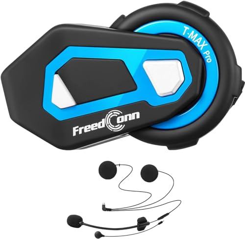 FreedConn T-Max Pro Motorrad Intercom für 6 Fahrer Gruppe, Helm Bluetooth 5.0 Headset mit Musik-Sharing, 570 mAh, 1000m Reichweite, IP65 Wasserdicht, FM Radio, Voice Prompt, Skifahren