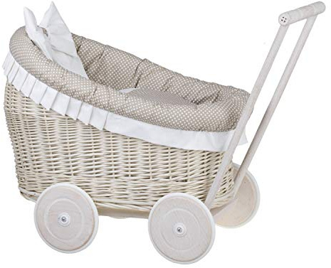 e-wicker24 Alles aus Weide Puppenwagen aus Weide mit Bettwäsche perfekte Geschenkidee Korbpuppenwagen schöner Spielzeug aus Korbgeflecht Korbwagen für Puppen Spielzeug für Mädchen (Creme, Beige)