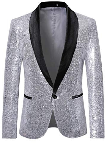 Mens Charm One Button Fit Formal Classic Blazer Wedding Party Sequins Jacket Suits Casual Luxury Vintage Retro Smart Elegant Dinner Suits Jacket Waistcoat Trench Coat Size M-XXXL Silver