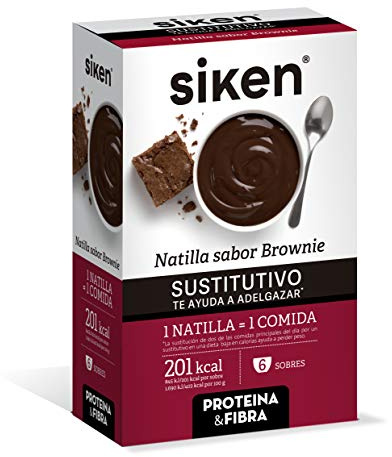 Siken SUSTITUTIVO - Natillas sustitutivas, Sabor brownie, 6 sobres en polvo para mezclar con agua, Rico en fibra, vitaminas y minerales, 1 natilla sustituye 1 comida