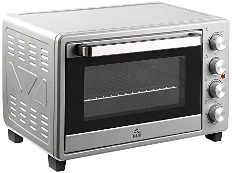 HOMCOM Mini four 32L Mini four avec grille, plaque de cuisson, 3 modes de cuisson 100 °C-230 °C température réglable Four à pizza avec minuterie Acier inoxydable Argent