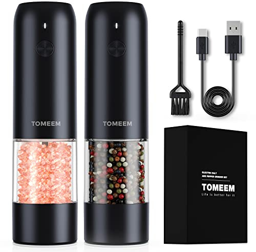 [Upgraded Larger Capacity] Electric Salt and Pepper Grinder Set - USB Rechargeable One Hand Operation Automatic with Adjustable Coarseness & LED Light Refillable