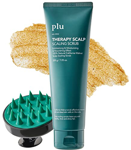 PLU Korean Therapy Scalp Scaling Scrub with Silicone Scalp Massager Brush - Walnut Scalp Scrubber Gel for Oily Scalp and Dandruff - Scalp Exfoliating & Deep Cleansing Combo Set