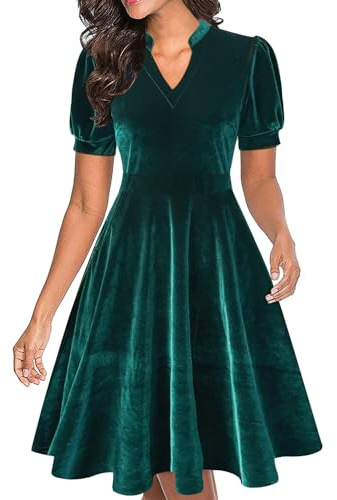 Mokayee Velvet Dresses for Women Green Holiday Christmas Short Puff Sleeve Casual Fit and Flare Knee Length Cocktail Church Office Professional Work Dresses with Pockets XL