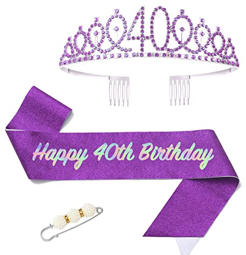 POPOYU 40 Ans Couronne Écharpe Diadème Femme, Cristal Tiara Kit pour Fille Décoration de Fête, Anniversaire Couronne Tiara Écharpe Décoration Anniversaire Cadeau 40 Ans(Violet)