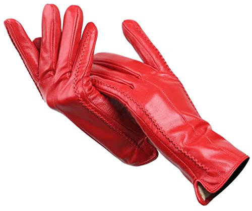 Mode neue Damenhandschuhe, Schaffell Damen Winterhandschuhe, Mehrfarbige Damen Lederhandschuhe Rot 8,5
